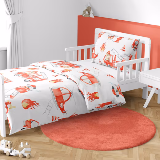 Baby bedding Little Hero • 100x135 + 40x60 cm • Fire engine 100% cotton, 2-piece set, percale • Fire truck • White • Red - Image 3