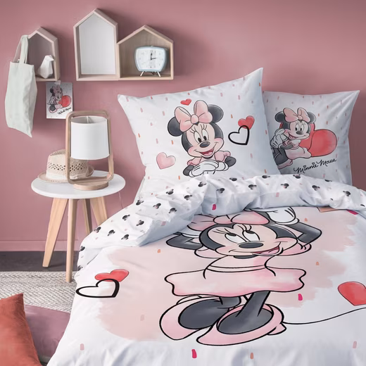 Minnie Mouse children's bedding set 135x200 + 80x80 cm, 100% cotton Percale, 2-piece, cute Disney Minnie Mouse bedding with many hearts in pink