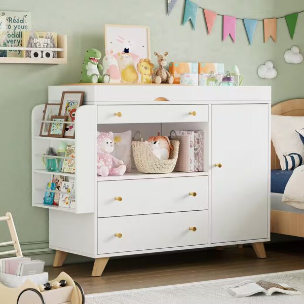 White Changing Chest Wrap Dresser with 3 Drawers and Shelves
