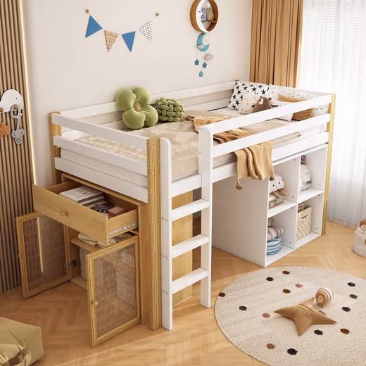 Bunk bed 90x200 bed frame with wardrobe & storage space, loft bed without mattress