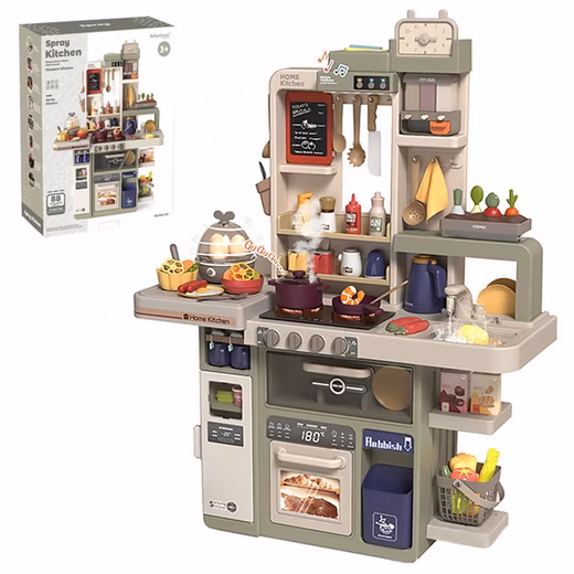 Play kitchen, children's kitchen with kitchen accessories, light, spray, sound and water effects Play kitchen, children's toy green
