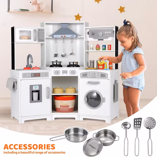 Children's kitchen set, wooden play kitchen, XXL toy kitchens (102x30x92 cm), play kitchen with sound and light, including play accessories - Image 2