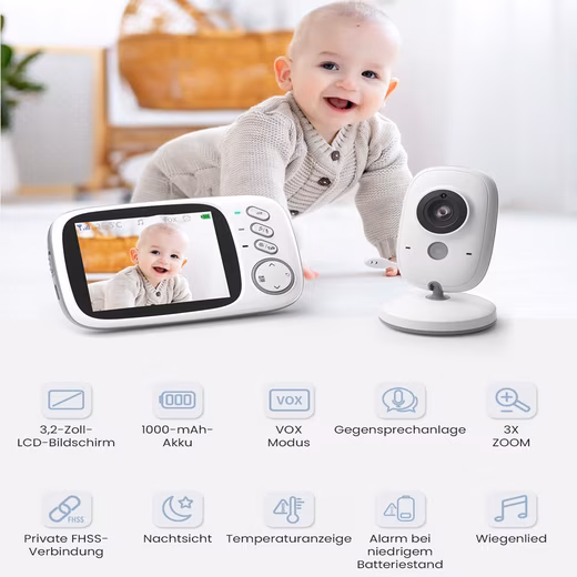 Video baby monitor with camera, baby monitor, video surveillance with stand 3.2" Digital LCD Screen Wireless with Night Vision Camera, 1-piece, Lullabies, Night Vision Intercom Function, VOX Mode, 8 Lullabies, ideal for parents, 2024 model - Image 2