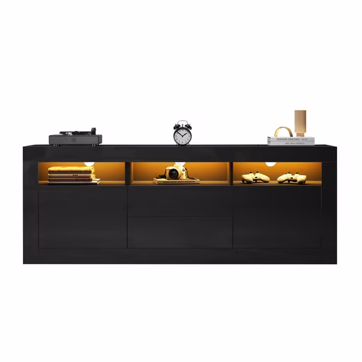 Lowboard with LED lighting, 3 open compartments, 2 doors, 2 drawers, black