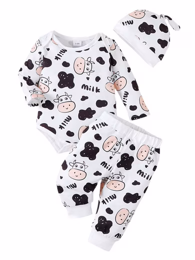 Long-sleeved shirt & trousers, comfortable baby clothing, long-sleeved bodysuit, trousers and hat with animal print