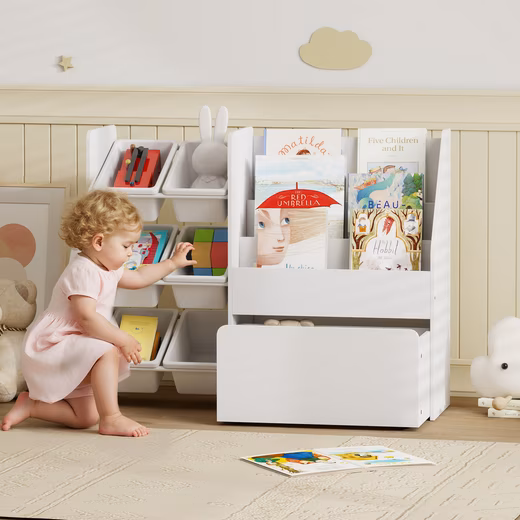 Toy chest with 6 removable storage boxes, book shelf, rolling box