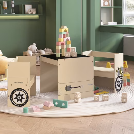 Children's seating set with table and two benches made of MDF in beige.