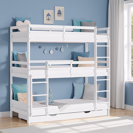 Bunk bed 90x200, loft bed for 3 people, triple bed, white, stairs, 2-3 children