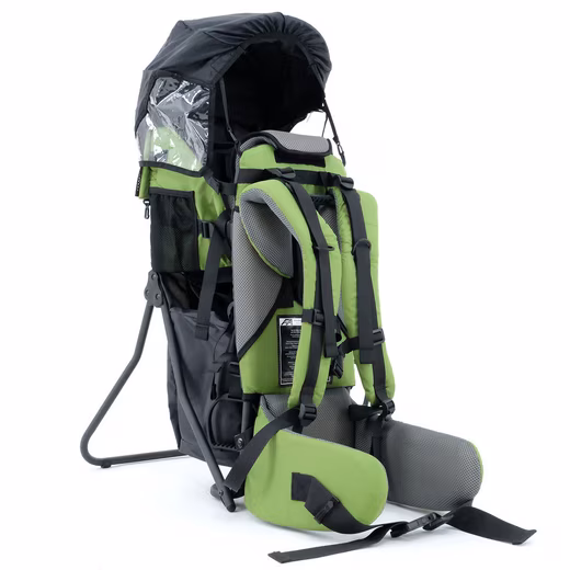 Lil' Boss child carrier backpack, child carrier (green-grey, 1-piece), baby carrier, 5-point safety harness, rain and sun canopy, pockets