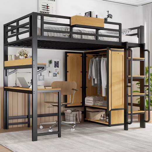 Loft bed 90x200 metal bed with desk & wardrobe