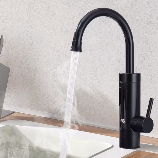Kitchen faucet with electric instantaneous water heater, smart heater tap, 360° rotatable Stainless steel kitchen faucet with LED temperature display, brushed finis