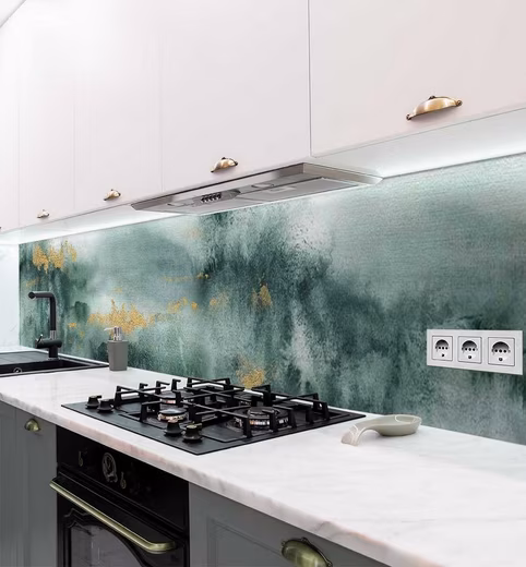 Kitchen backsplash, self-adhesive marble moss splash guard film (Adhesive film cut to size and rolled up, W 60 cm x H 60 cm), Marble Moss Abstract Green, W 60 cm x H 60 cm