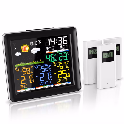 Wireless weather station with color display, wireless outdoor sensor, DCF radio clock Wireless, with color display, wireless radio sensor/outdoor sensor, DCF radio clock weather station (with outdoor sensor, air pressure, weather forecast, barometer, alarm clock, alarm, snooze)