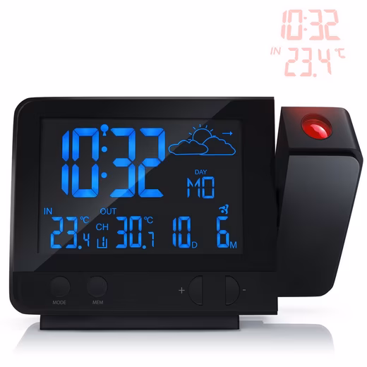 Weather station with projection and outdoor sensor, wireless weather station, DCF radio clock with projection and outdoor sensor, wireless weather station, DCF radio clock weather station (power supply; outdoor sensor; instruction manual, weather forecast, USB charging function, 8-color RGB backlight)