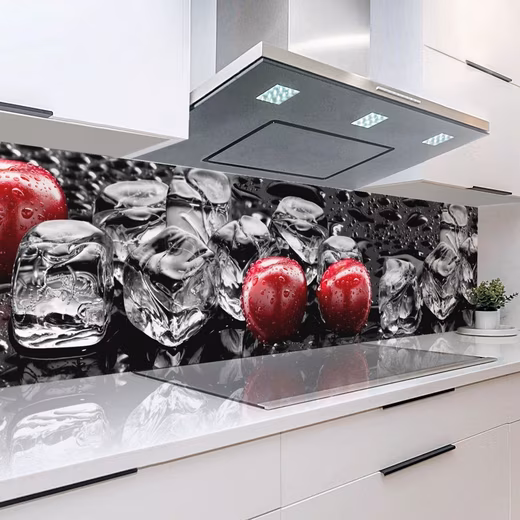 Kitchen backsplash ice cubes and cherries ABS plastic monolith sheet in DELUXE quality with direct printing