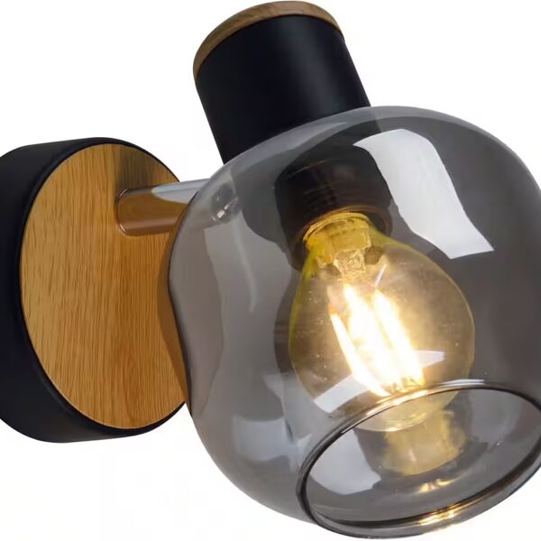 Fumoso wall light without bulb, 1 spotlight >>Fumoso<<, excluding 1xE14 max.40W, smoking glass, black/natural