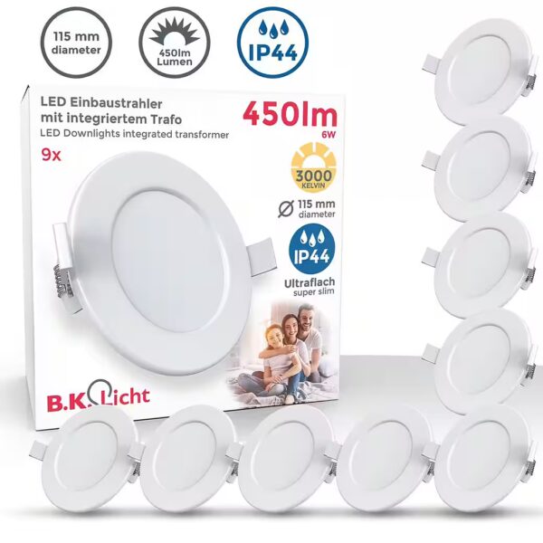 LED Recessed Spotlights for Bathroom, Set of 9, Ultra-Flat, Ø115x30mm, 230V, White - BKL1274 Integrated LED, warm white, 9 bathroom recessed ceiling spotlights IP44 230V 6W 450 lumens 3000K warm white