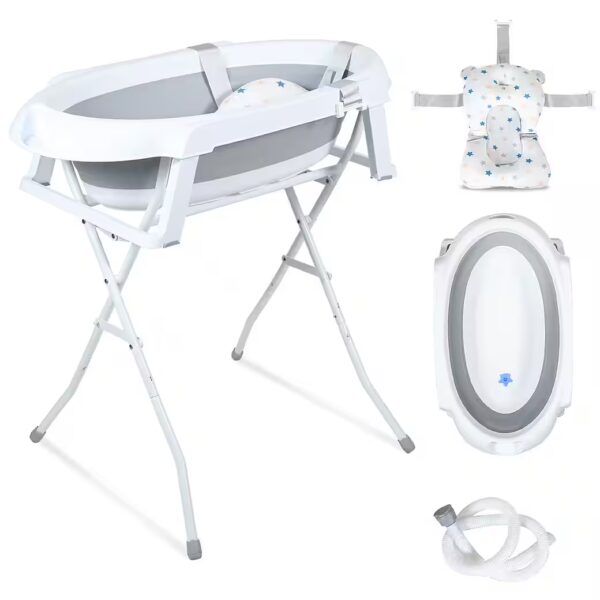 Baby bathtub with stand, baby bath seat and drain hose, foldable