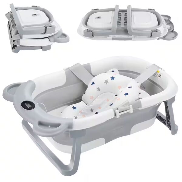 Baby Bathtub Foldable Bathtub PP&TPE Baby Bathtub Bathtub Seat, for 0-2 Years with soft swimming cushion and thermometer, non-slip bathtub
