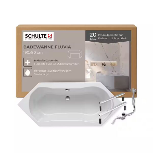 Fluvia bathtub, hexagonal shape, sanitary acrylic, white (Complete set, including base and drain), 190x80 cm