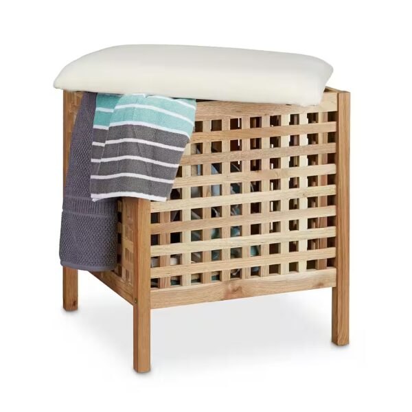Shower and bath stool, walnut bath stool with laundry basket