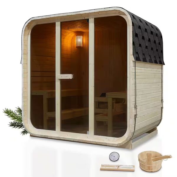 Barrel sauna Fjora 38 mm, spruce, 9 kW oven up to 100 °C, glass front, up to 6 people, accessory set