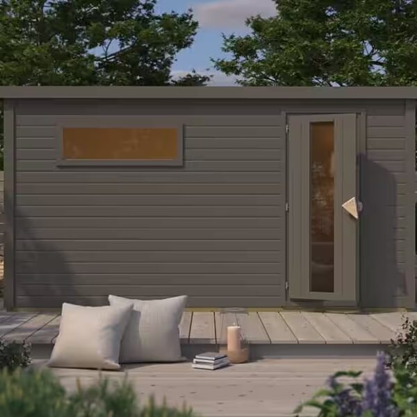 Sauna cabin 38mm, Melo 6 terra grey, including 9 kW integrated heater and control unit.