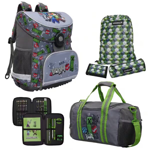 Minecraft schoolbag complete set, 6 pieces, for 1st grade. Ergonomic & compact.