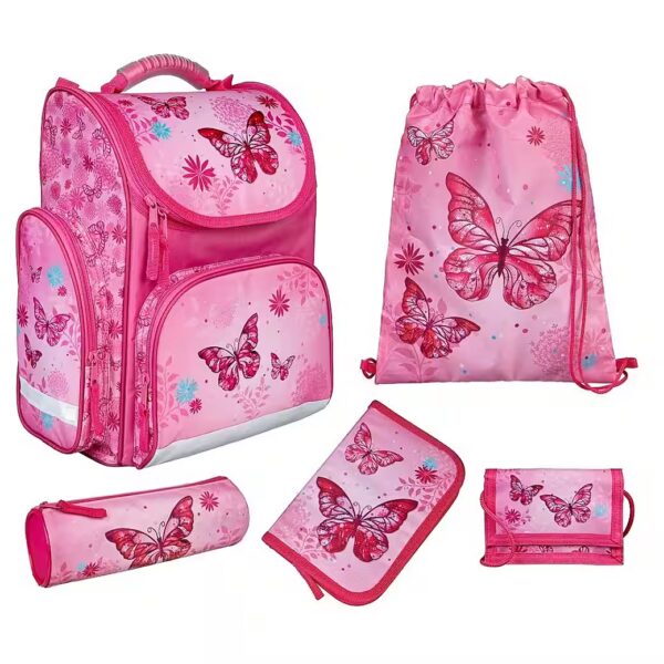 Clou School Bag (Set, 5-piece, incl. pencil case (unfilled), BUTTERFLY Butterflies Pink)