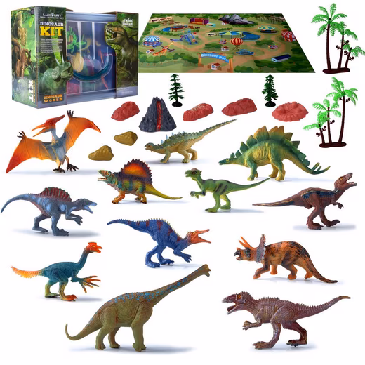 Dino Figure Set Dinosaur Figures (Adventure Animal World, playset for children), with truck and play mat