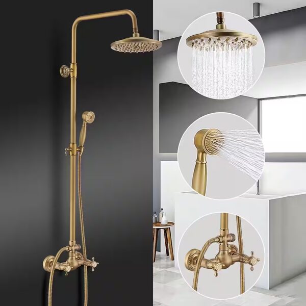 Retro brass shower system, antique gold shower fitting set with rain shower head.