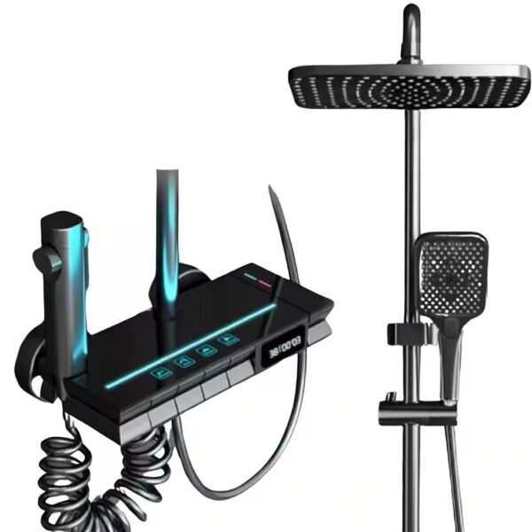 Shower fitting, shower system, rain shower with thermostat