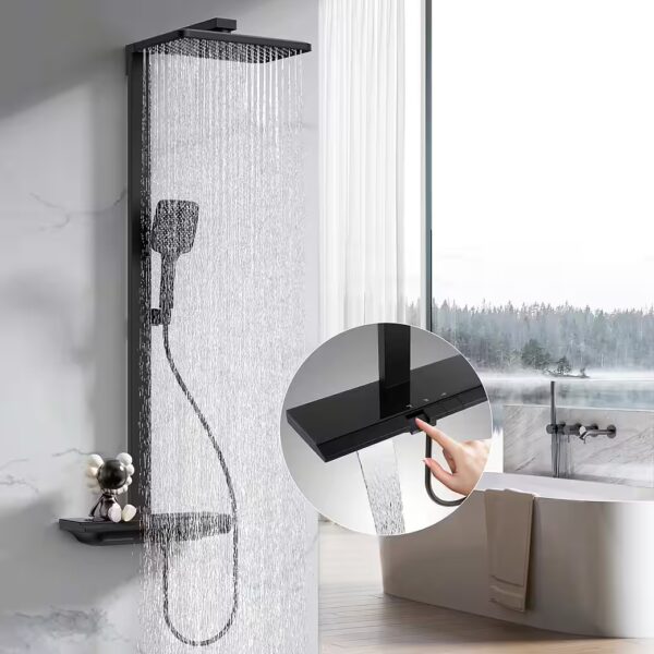 Shower system with thermostat and shelf; shower column with rain shower and shower fitting