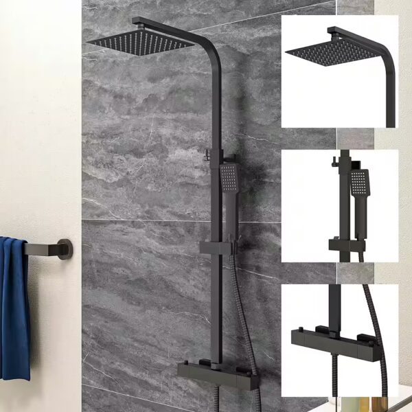 Shower system, rain shower with thermostat, shower column, shower set, black