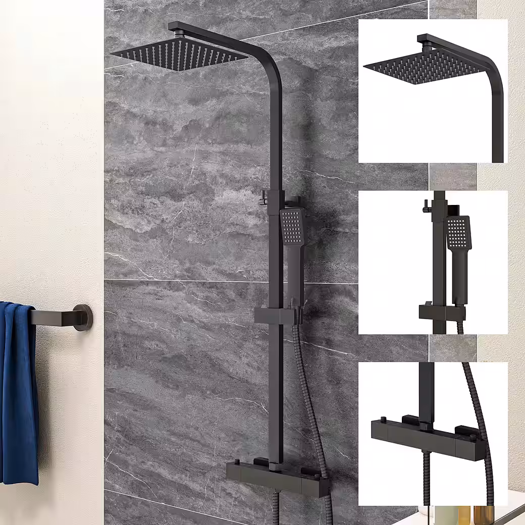 Shower system, rain shower with thermostat, shower column, shower set, black