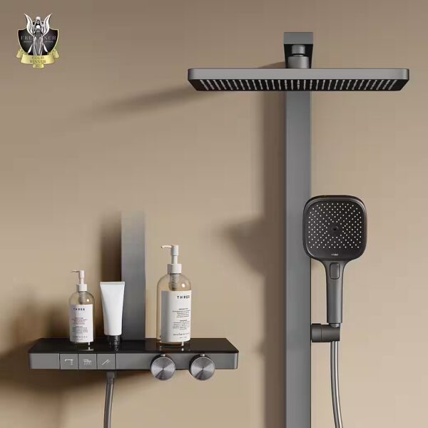 Shower system with thermostat, rain shower and hand shower, brass shower column