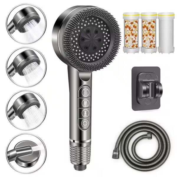 Handheld shower head with hose, filter and holder, no drilling required