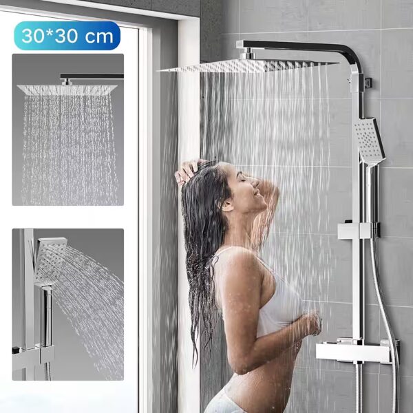 Shower system with thermostat, 30x30cm rain shower head, stainless steel shower fitting complete set