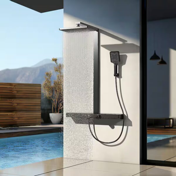 Shower system with 71 cm shelf and square thermostat, rain shower and shower fitting