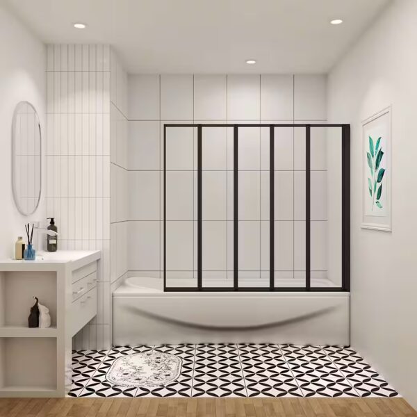 Bathtub Folding Screen 4mm 5-Panel Black Shower Screen Partition Folding Screen