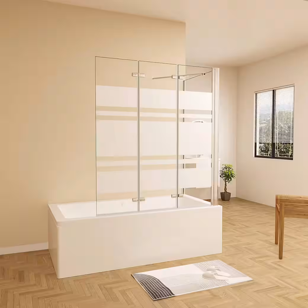 Chrome bathtub screen, 3-piece folding shower screen for bathtub with side panel