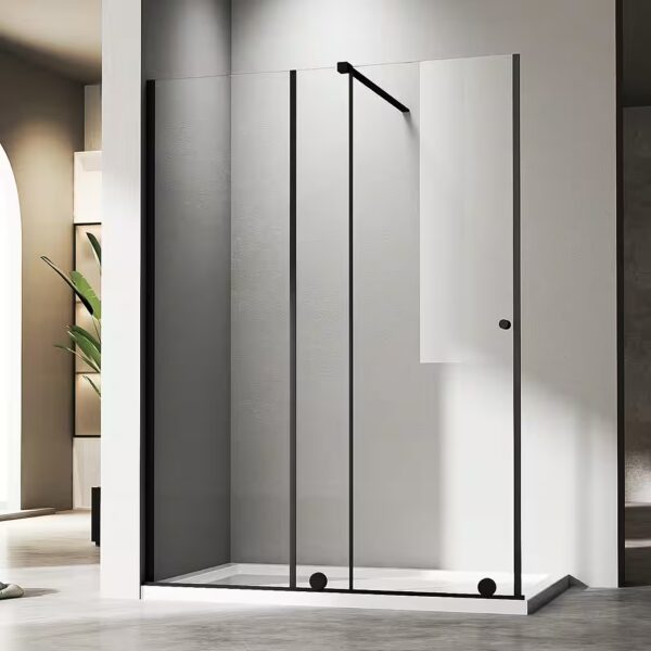 Black sliding shower door, walk-in shower enclosure, 2 walls with grab bars