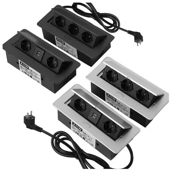 1.8m cable + power supply, retractable, recessed socket, aluminum, table socket, recessed table socket (3-way, 3500W/16A tabletop, floor socket), aluminum power strip for furniture, office, kitchen