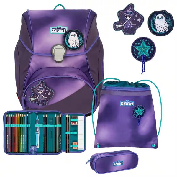 Alpha Superflash schoolbag, Blue Dino (Set, 4-piece), with retroreflective surfaces & 2 funny snaps; contains recycled material