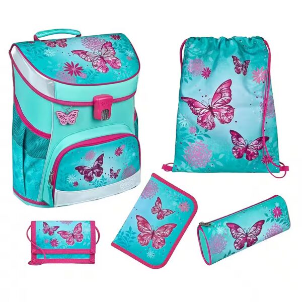 Schoolbag Campus Fit (Set, 5-piece, incl. pencil case), BUTTERFLY butterflies glitter print
