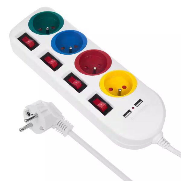 MCE229 power strip 4-way (on/off switch, USB ports, separate on/off switches, child safety lock, cable length 1.5 m), 4-socket extension cable + 2xUSB, with switch 1.5m
