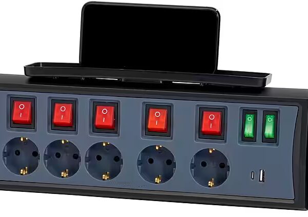 LED power strip, wall-mounted, USB-C ports, smartphone holder, multi-socket outlet