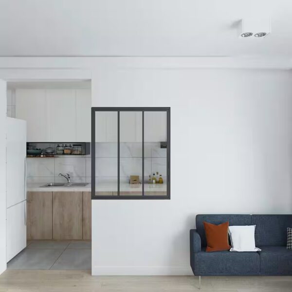 Clear glass window with black steel frame, interior window