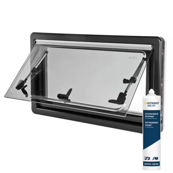Plastic casement window 90x45 with fly screen, blackout blind, and sealant