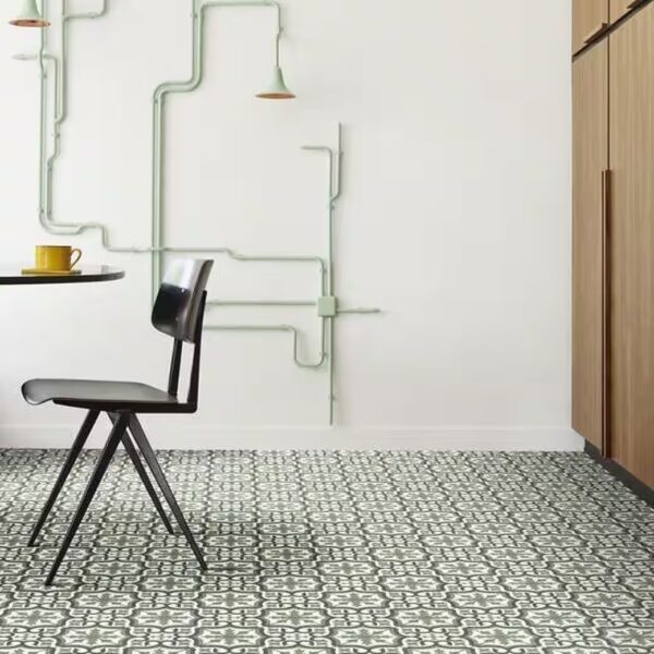 Vinyl flooring, retro tile, green CV covering in 2 meter width